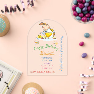 Invitations En Acrylique Jolie Fille Bâton Arc-en-ciel Jouant au Ballon sur