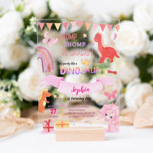 Invitations En Acrylique Jolie Fille Bébé Rose Dino Dinosaure Enfants Anniv