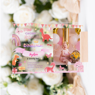 Invitations En Acrylique Jolie Fille Dino Rose Photo Anniversaire Enfants