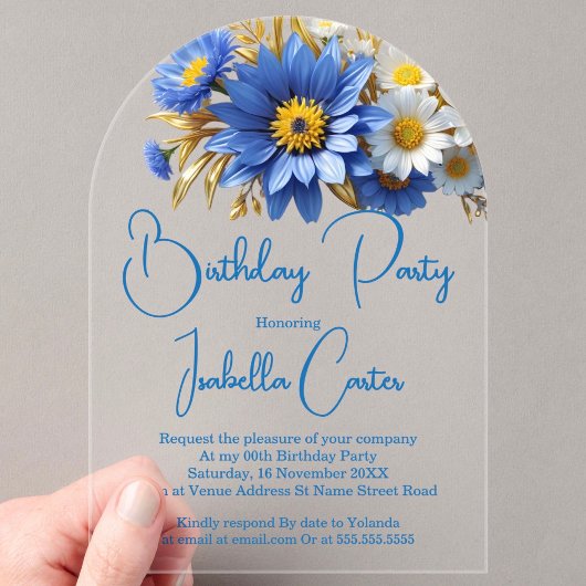 Invitations En Acrylique Jolie Fleurs d'or Bleu Blanc