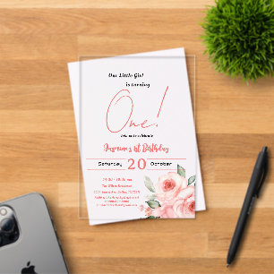 Invitations En Acrylique Jolie Rose Roseau Aquarelle Bébé Fille 1er Anniver