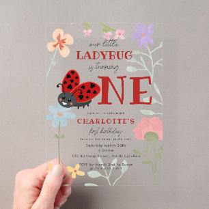 Invitations En Acrylique Jolies coccinelles fleurs sauvages 1er premier ann