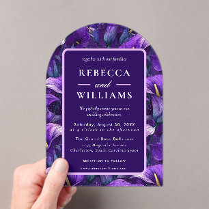 Invitations En Acrylique Jolis lys calla violets étincelants mariage à la c