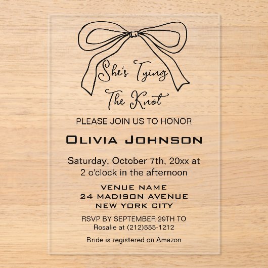 Invitations En Acrylique Jouer le noeud Fête des mariées noir (Recto)