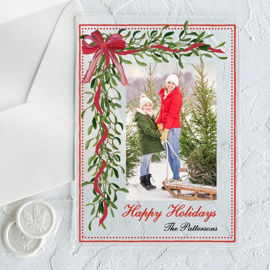 Invitations En Acrylique Joyeuses vacances Mistletoe Red Bow Family Photo