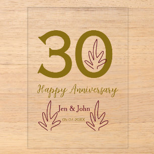 Invitations En Acrylique Joyeux 30e anniversaire nom date feuille rouge dor