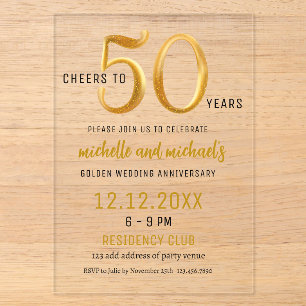 Invitations En Acrylique Joyeux 50 Ans Fête d'Anniversaire Doré