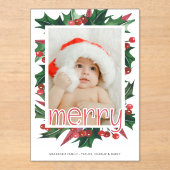 Invitations En Acrylique Joyeux Noël Holly Photo personnalisée (Recto)