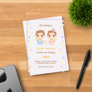 Invitations En Acrylique Jumeaux Bébé Garçon Fille Premier Anniversaire Tra