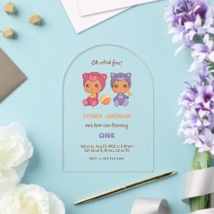 Invitations En Acrylique Jumeaux Bébés Premier Anniversaire Chat Ours Trans