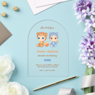 Invitations En Acrylique Jumeaux Bébés Premier Anniversaire Chat Ours Trans