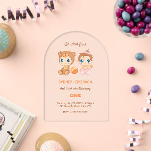 Invitations En Acrylique Jumeaux Bébés Premier Anniversaire Ours Fille Tran