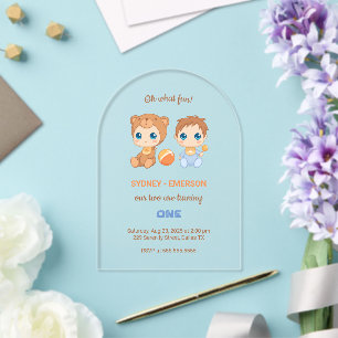 Invitations En Acrylique Jumeaux Bébés Premier Anniversaire Ours Garçon Tra