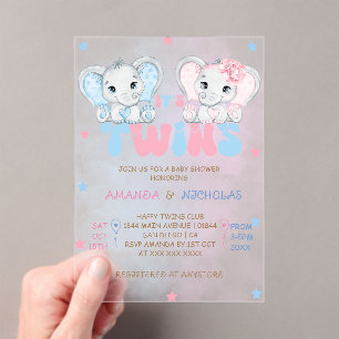 Invitations En Acrylique Jumeaux Éléphants Garçon Fille Baby Shower