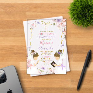 Invitations En Acrylique Jumeaux Fille Rose Papillon Violet 1ère Sainte Com