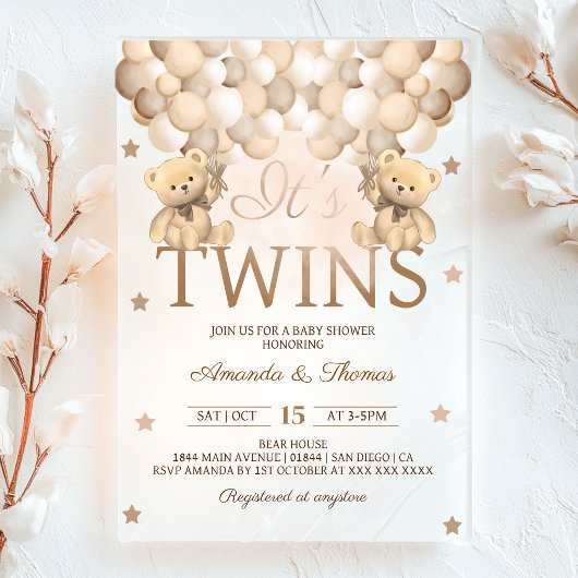 Invitations En Acrylique Jumeaux Ours Avec Baby shower Ballons Neutres
