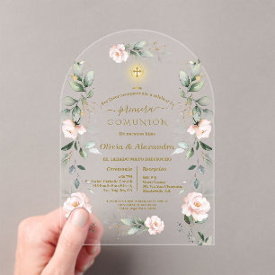 Invitations En Acrylique Jumelles de première communion florale rose
