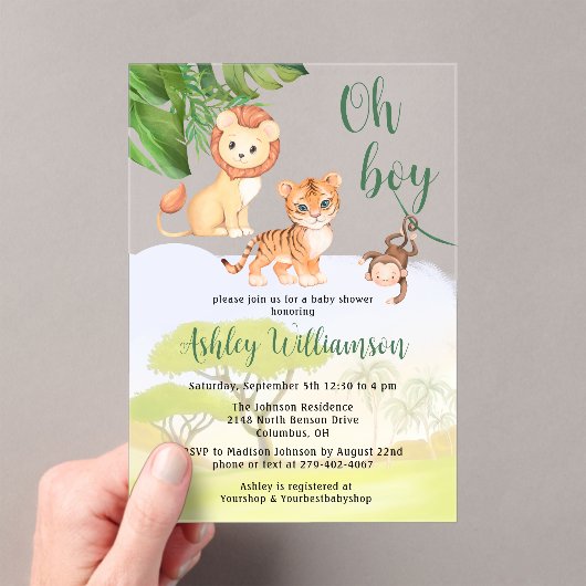 Invitations En Acrylique Jungle Safari Animaux Oh Baby shower Garçon (In situ (ordinateur de poche))