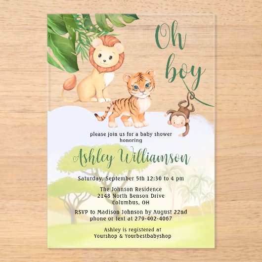 Invitations En Acrylique Jungle Safari Animaux Oh Baby shower Garçon (Recto)