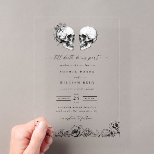 Invitations En Acrylique Jusqu'à la mort Gothique Crâne Fleurs Sombres Mari