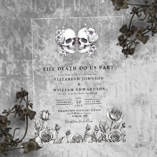 Invitations En Acrylique Jusqu'à la mort gothique fleurs crânes mariage