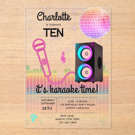 Invitations En Acrylique Karaoke Neon Glow Singing Disco Party Birthday (Recto)