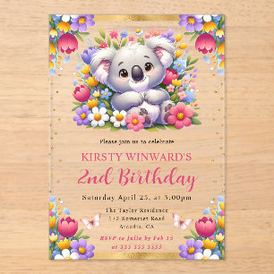 Invitations En Acrylique Koala de Pâques à l'aquarelle et fleurs de printem