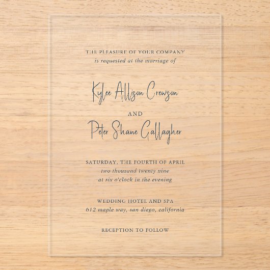 Invitations En Acrylique Kylee Grey Mariage traditionnel élégant (Recto)