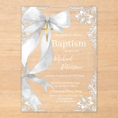 Invitations En Acrylique Lace Gold Cross Baptism White Bow (Recto)