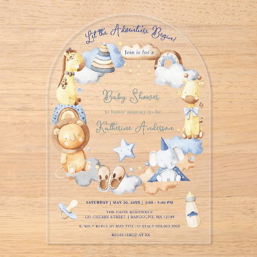 Invitations En Acrylique Laisser l'aventure commencer petit bébé Baby showe (Recto)
