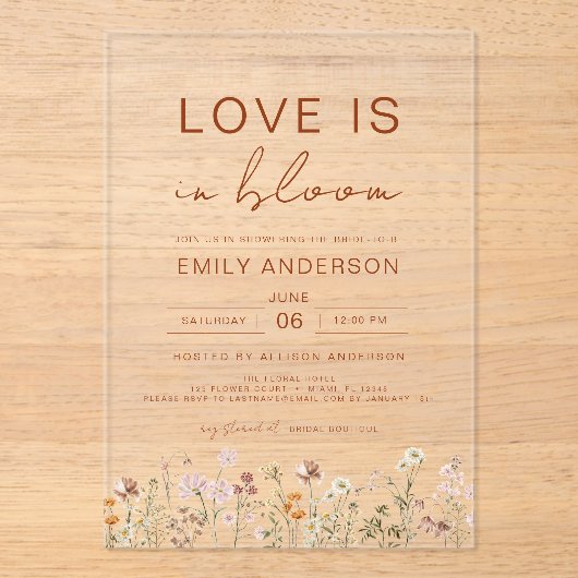 Invitations En Acrylique L'amour est dans la Fête des mariées Fleur sauvage (Recto)