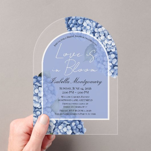 Invitations En Acrylique L'amour est en fleurs Hydrangea Bleu Moderne (In situ (ordinateur de poche))