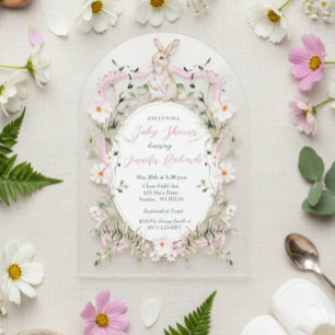 Invitations En Acrylique Lapin de bébé ruban floral rose Fête de naissance 