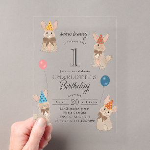 Invitations En Acrylique Lapin de Pâques Some Bunny a un an Anniversaire