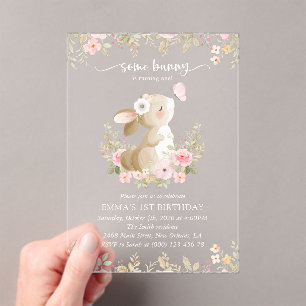 Invitations En Acrylique Lapin, Papillon, Fleurs Roses, Premier Anniversair