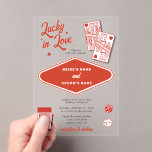 Invitations En Acrylique Las Vegas Destination Casino Lucky in Love Mariage<br><div class="desc">Un design mariage à thème unique dessiné à la main par Las Vegas Casino. Destination moderne Las Vegas, Nevada thème mariage avec cartes à jouer, casino de jeux d'argent illustrations à thème. Un design faire-part de mariage Las Vegas rouge et blanc idéal pour les mariages de casino. Des articles de...</div>