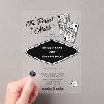 Invitations En Acrylique Las Vegas Destination Parfait Match Mariage Noir<br><div class="desc">Un dessin unique à la main Las Vegas Casino thème mariage "le match parfait" design. Destination moderne Las Vegas, Nevada thème mariage avec cartes à jouer, casino de jeux d'argent illustrations à thème. Un design faire-part de mariage Las Vegas noir et blanc idéal pour les mariages de casino. Des articles...</div>