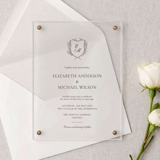 Invitations En Acrylique Laurel Wreath Crest Minimalist Classic Wedding