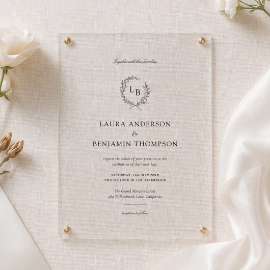 Invitations En Acrylique Laurel Wreath Wedding Crest Minimalist