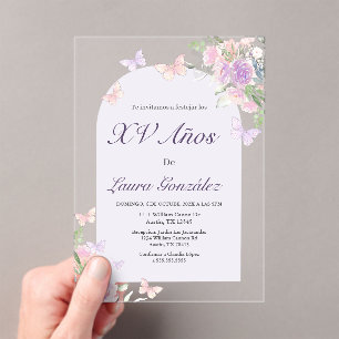 Invitations En Acrylique Lavande avec papillons Quinceanera espagnol Acryli