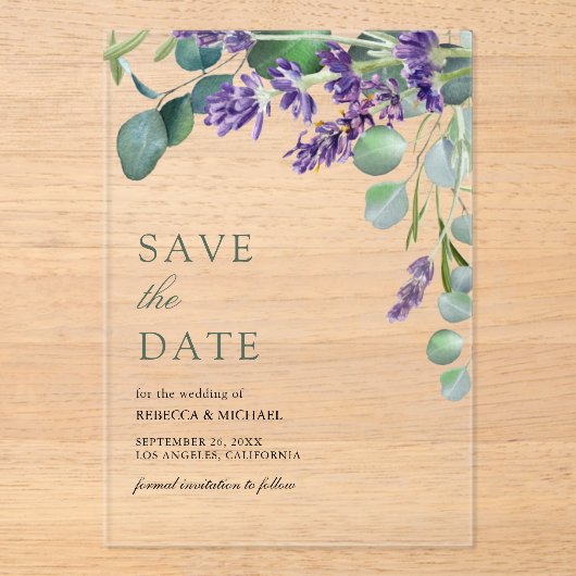 Invitations En Acrylique Lavande et mariage eucalyptus Enregistrer la date (Recto)