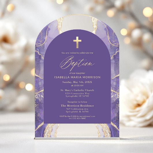 Invitations En Acrylique Lavande Purple Agate Baptême Moderne Élégant