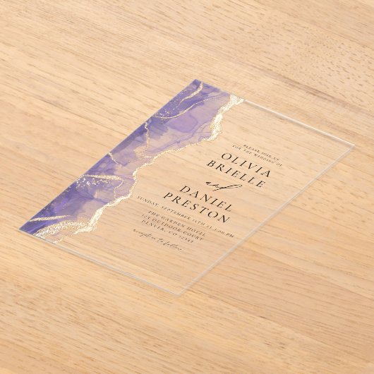 Invitations En Acrylique Lavande Purple Or Agate Élégant Mariage moderne (Poser)