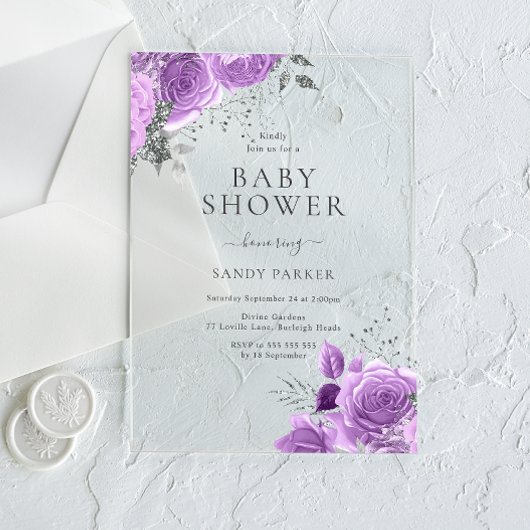Invitations En Acrylique Lavande violet et Baby shower argenté