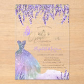 Invitations En Acrylique  Lavander,String Lights,Glitter Dress Quinceanera (Recto)