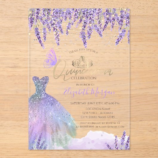 Invitations En Acrylique  Lavander,String Lights,Glitter Dress Quinceanera (Recto)