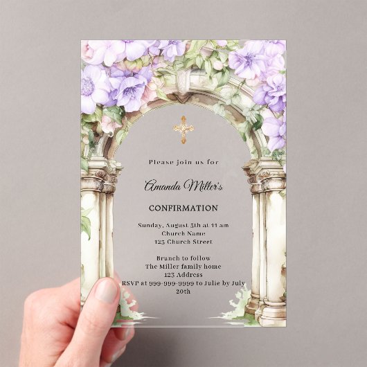 Invitations En Acrylique Lavender florals arch girl Confirmation clear (In situ (ordinateur de poche))