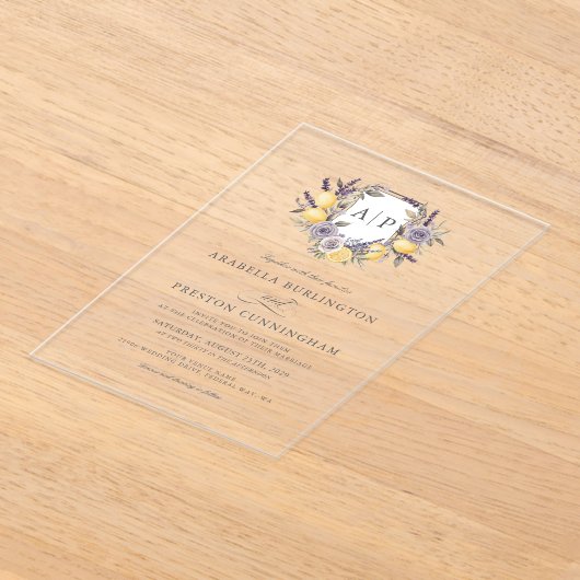 Invitations En Acrylique Lavender Lemon Monogram Floral Crest Mariage (Poser)