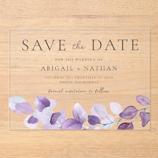 Invitations En Acrylique Lavender Purple Feuilles Mariage Enregistrer La Da (Recto)