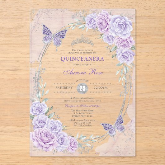 Invitations En Acrylique Lavender Silver Quinceanera Mis Quince 15 Anos (Recto)